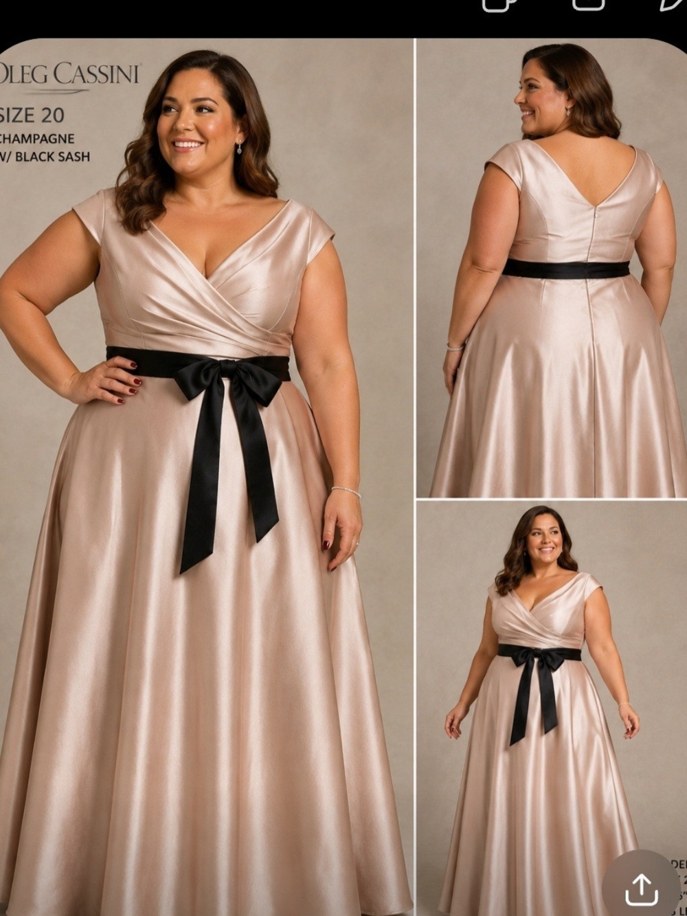 Oleg Cassini Champagne Satin V-Neck A-Line Dress with Black Sash